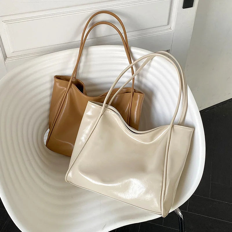 Oilskin Tote Bag Soft PU Leather Women Shoulder Bag