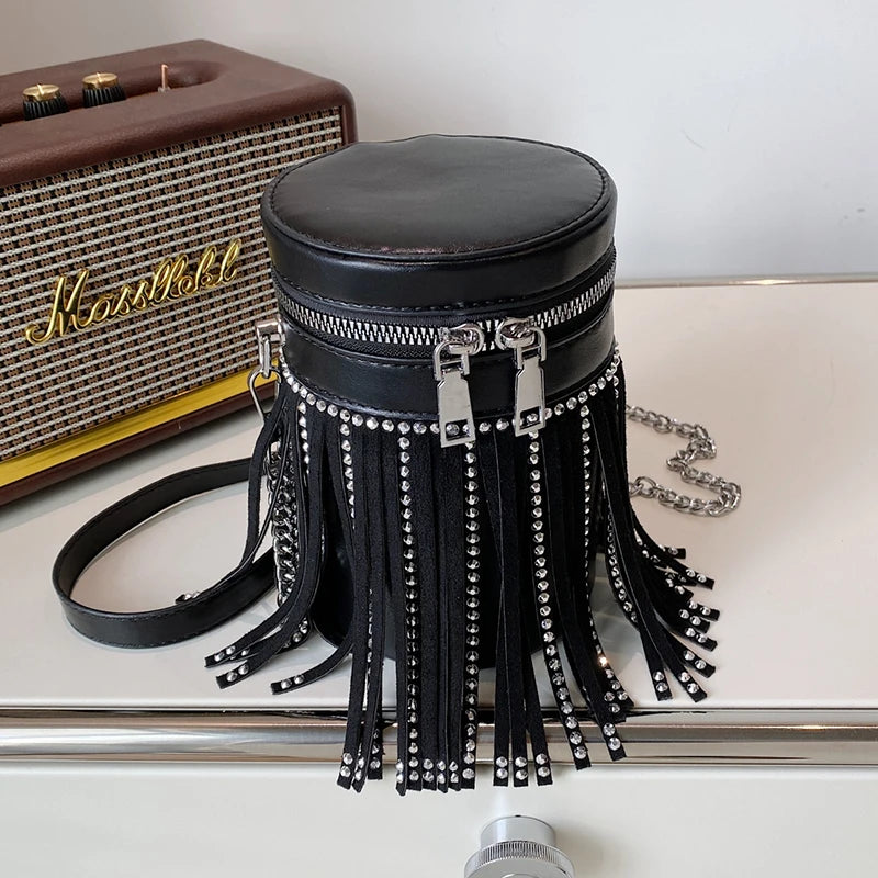 Diamond Studded Leather Shoulder Bag Crossbody Bag Tassel Ladies Messenger Bag
