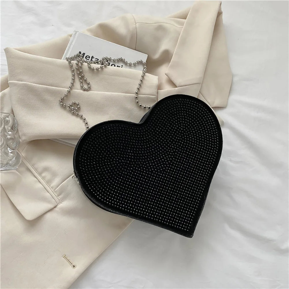 Heart Shaped Rhinestone Shoulder Bag Chain Purse Handbag