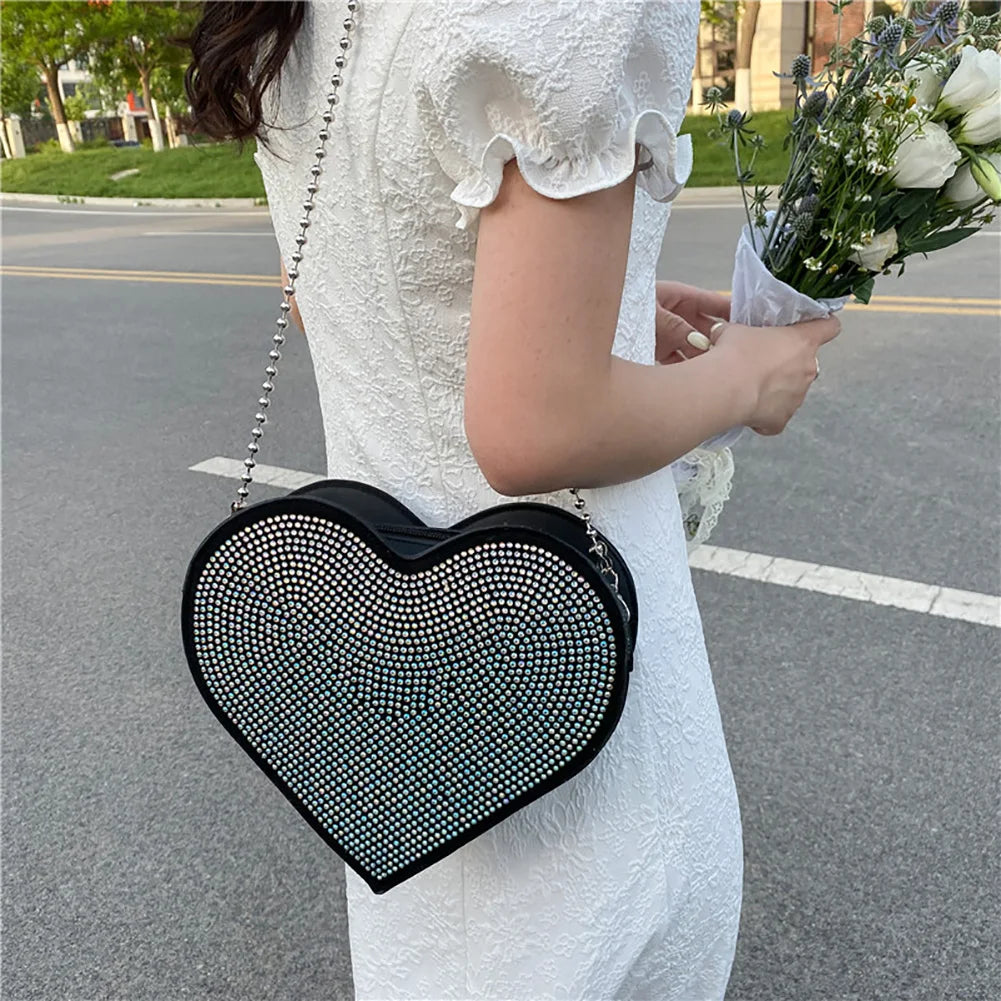 Heart Shaped Rhinestone Shoulder Bag Chain Purse Handbag