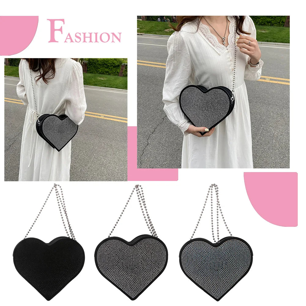 Heart Shaped Rhinestone Shoulder Bag Chain Purse Handbag