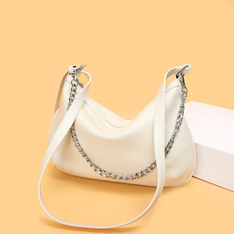 High Capacity Leather Messenger Bag Chain Shoulder Bag Cowhide Handbag