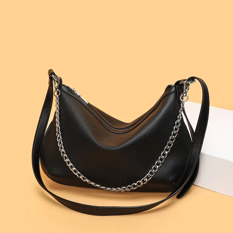 High Capacity Leather Messenger Bag Chain Shoulder Bag Cowhide Handbag