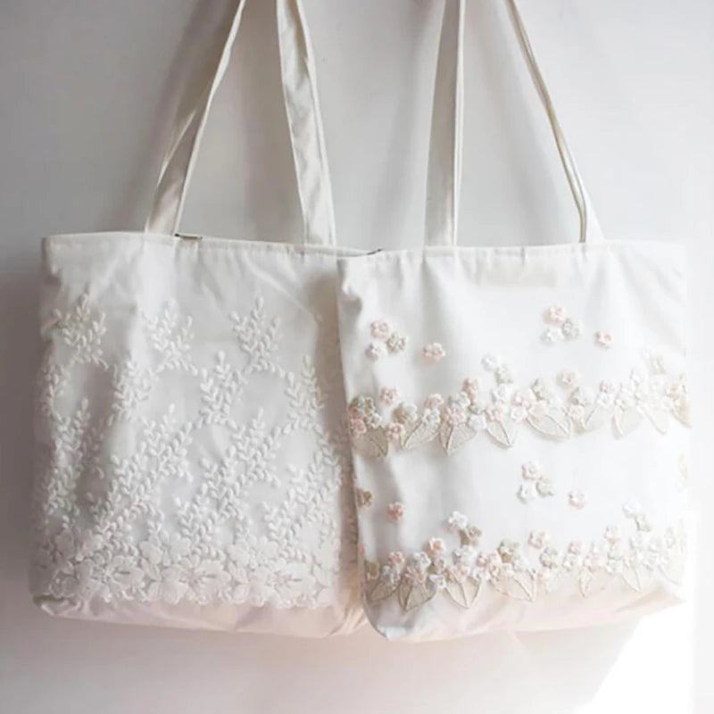 Floral Embroidery Book Bag Canvas Bags Women Luggage Organizer