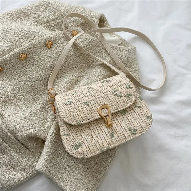 Lace Flower Shoulder Crossbody Bag Straw Summer Beach Shopper Bag