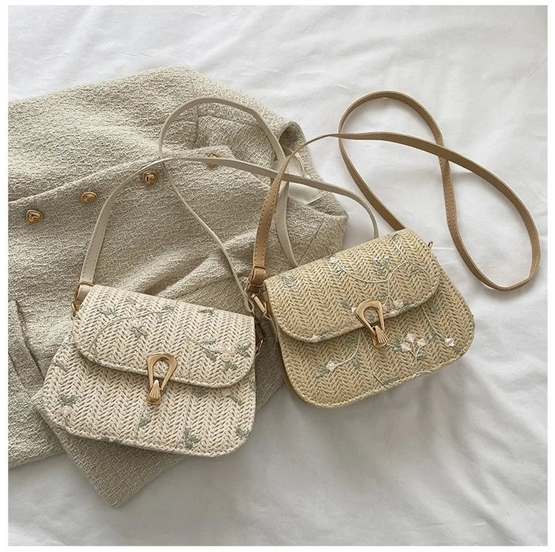 Lace Flower Shoulder Crossbody Bag Straw Summer Beach Shopper Bag