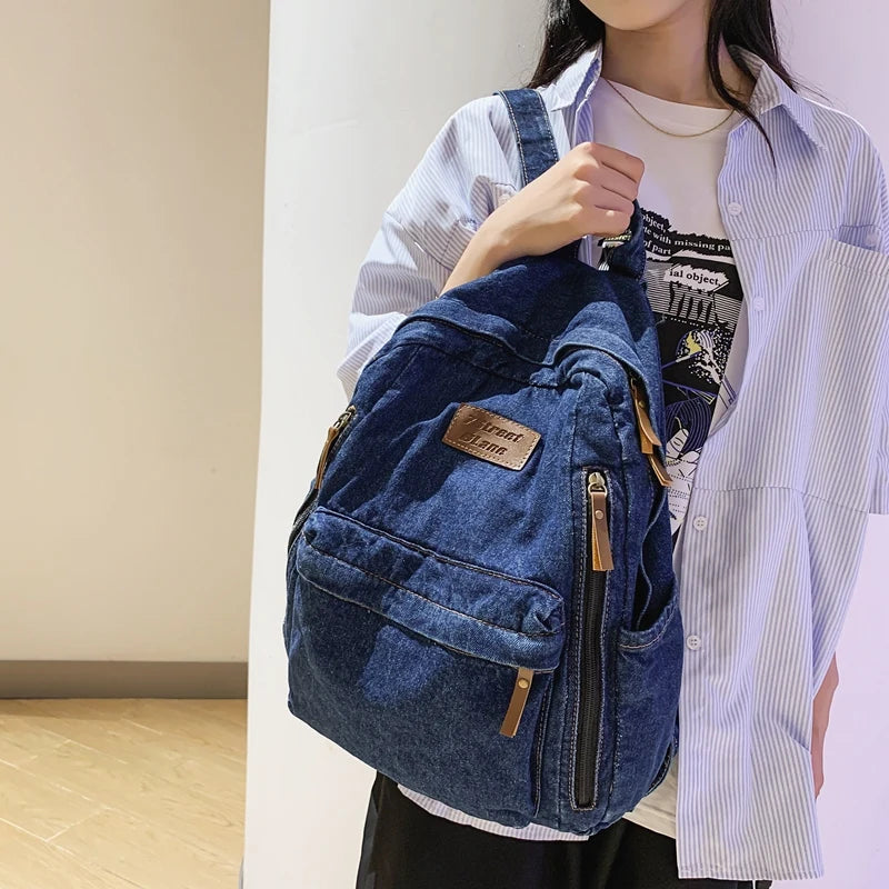 Soft Canvas School Backpack Denim Student Bag Male Female College Men Women Bags