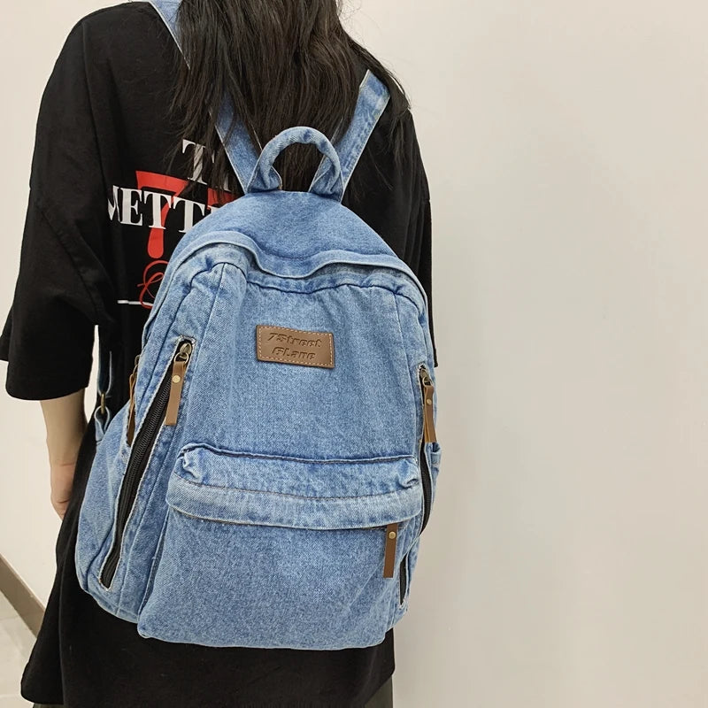 Soft Canvas School Backpack Denim Student Bag Male Female College Men Women Bags