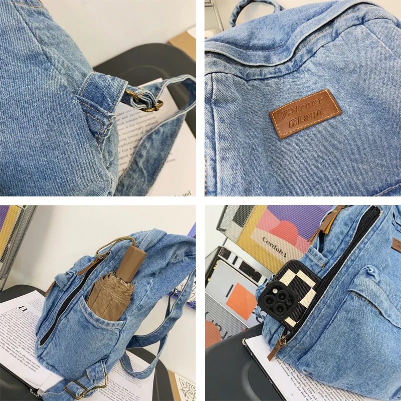 Soft Canvas School Backpack Denim Student Bag Male Female College Men Women Bags
