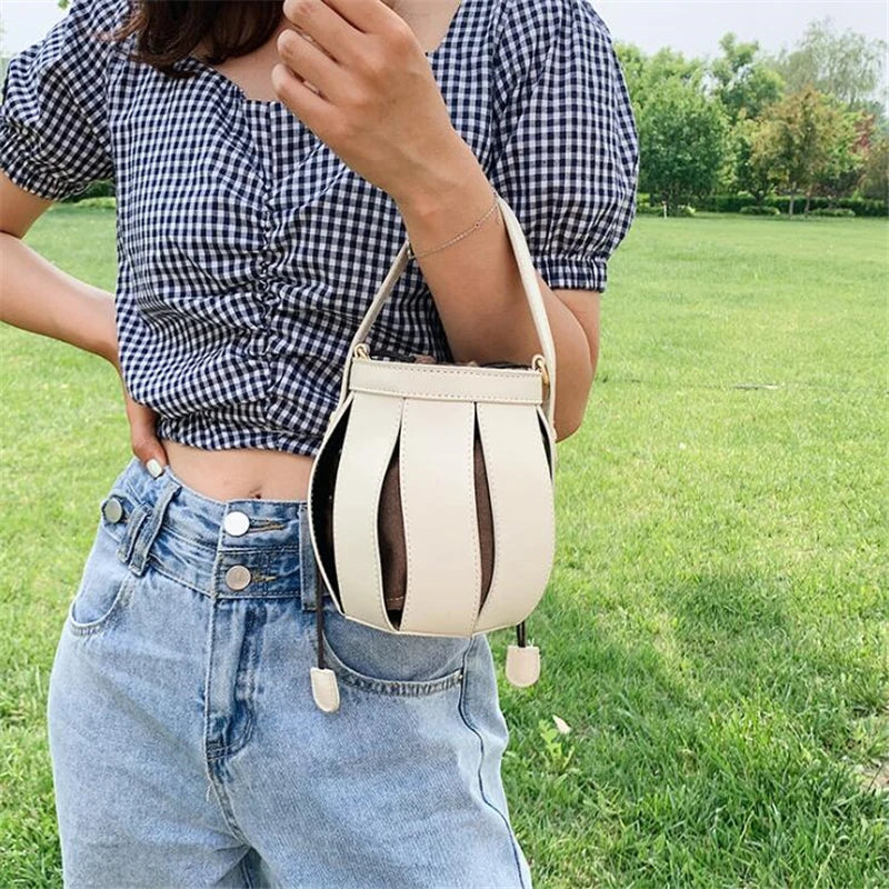 Lantern Shape Women Round Bag Hollow Out Bucket Bags