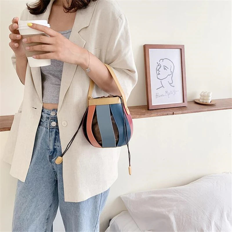 Lantern Shape Women Round Bag Hollow Out Bucket Bags