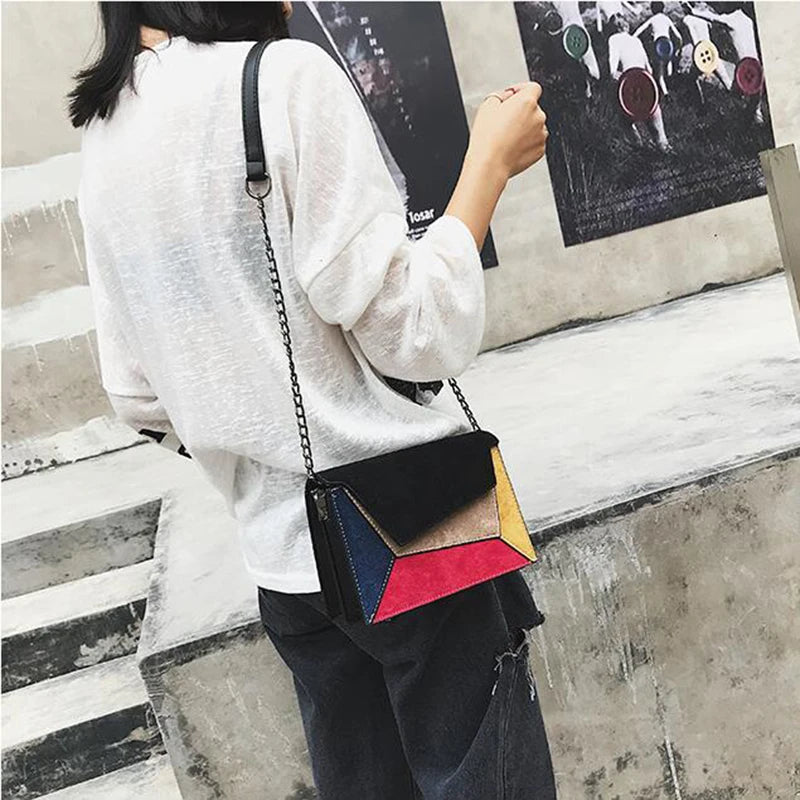 Leather Patchwork Women Messenger Bag Chain Strap Shoulder Bag