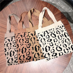 Leopard Knitted Shoulder Bag Large Capcaity Tote Girls Armpit Handbag Purse