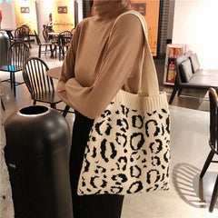 Leopard Knitted Shoulder Bag Large Capcaity Tote Girls Armpit Handbag Purse