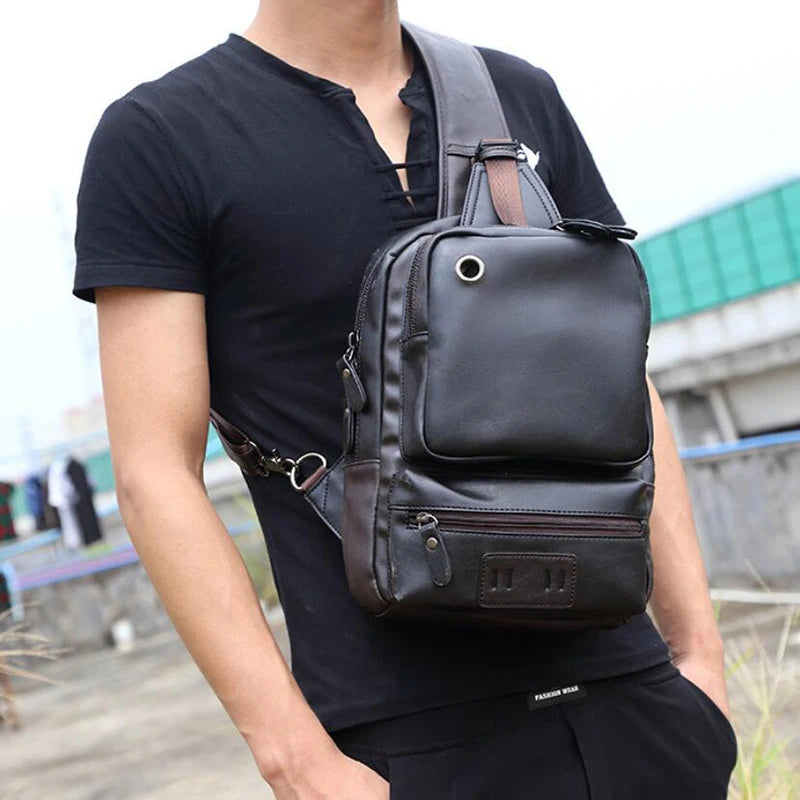 Casual Crossbody Bag Vintage PU Leather Men Chest Backbag