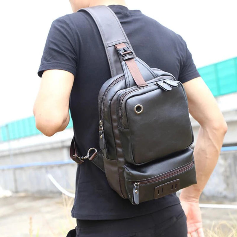 Casual Crossbody Bag Vintage PU Leather Men Chest Backbag
