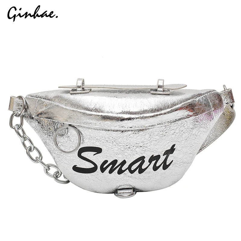 Metal Waist Packs Laser Leather Handbag 3 in 1 Chain Shoulder Bags