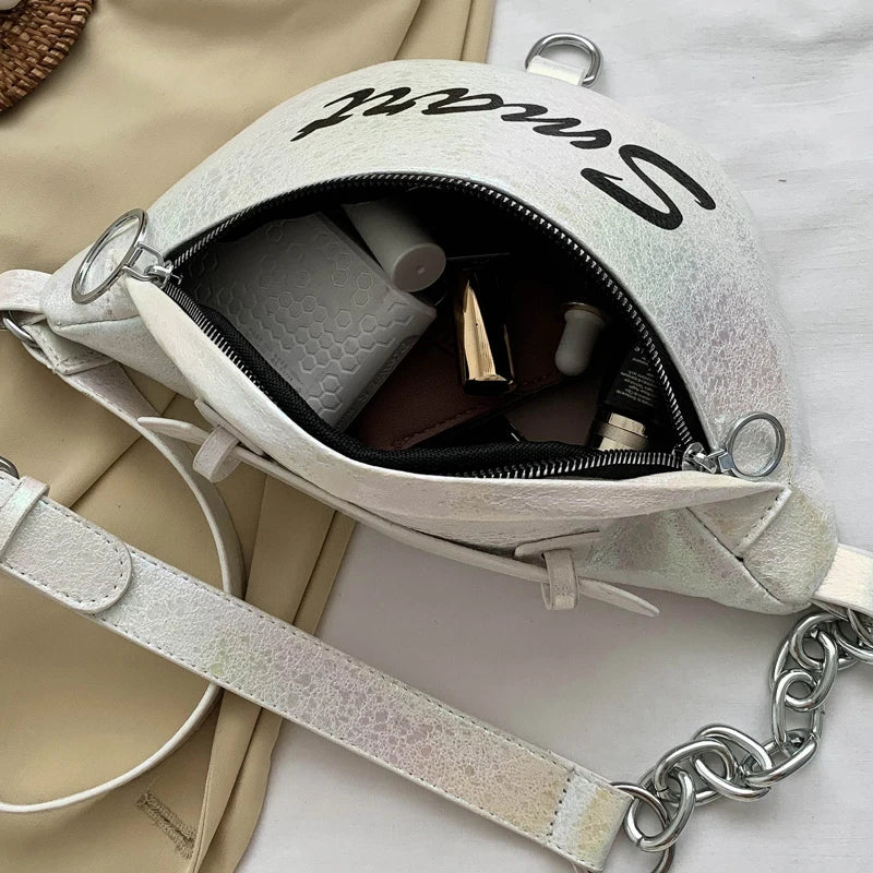 Metal Waist Packs Laser Leather Handbag 3 in 1 Chain Shoulder Bags