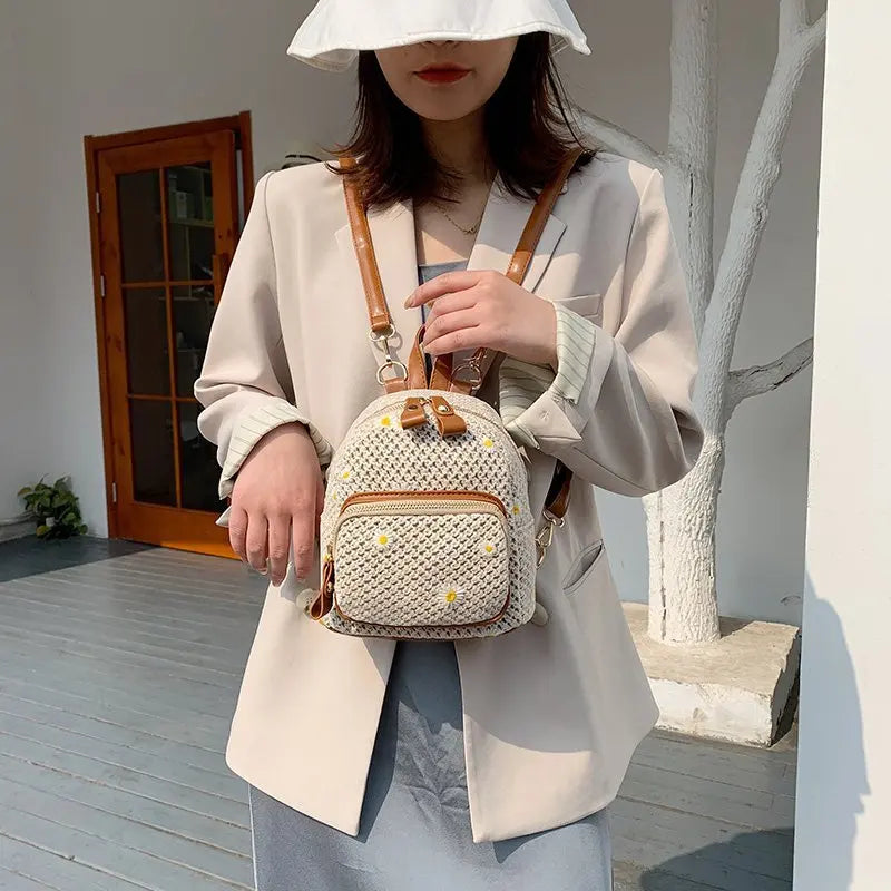 Straw Woven Mini Backpack for Girls Summer Small Student Ladies Bag