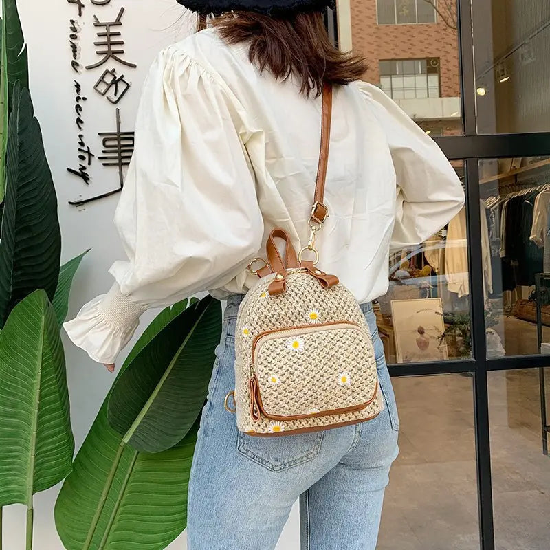 Straw Woven Mini Backpack for Girls Summer Small Student Ladies Bag