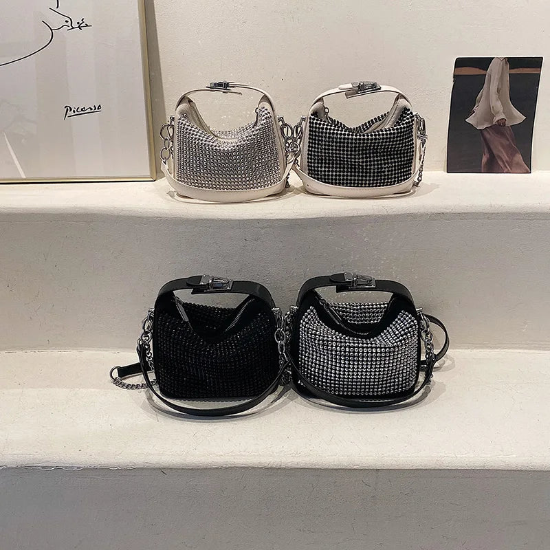 Mini Bucket Crossbody Bag with Diamonds for Women