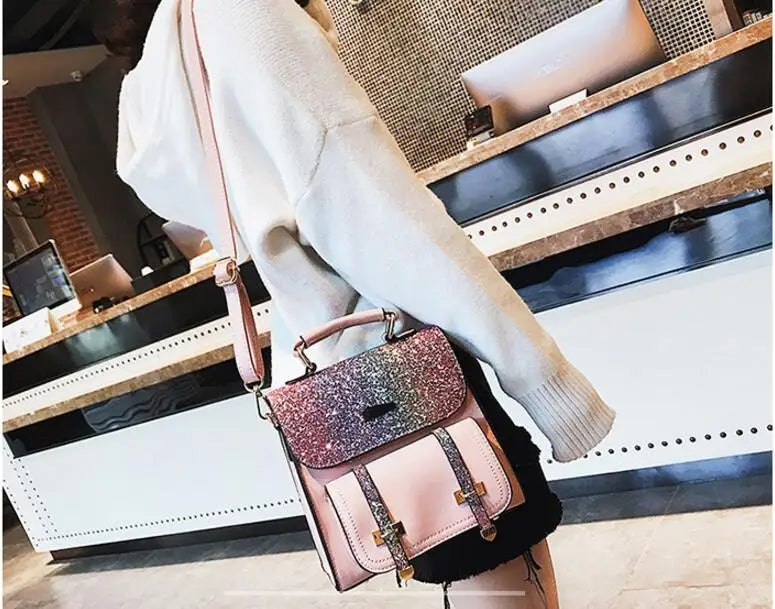 Mini Sequins Girls Backpack Sweet Girl Shoulder Bag High PU Leather Women Bag