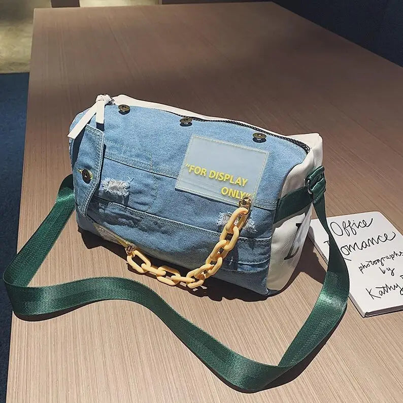 Oxford Denim Travel Bag Patchwork Gym Hand Luggage Duffle Weekend Bag