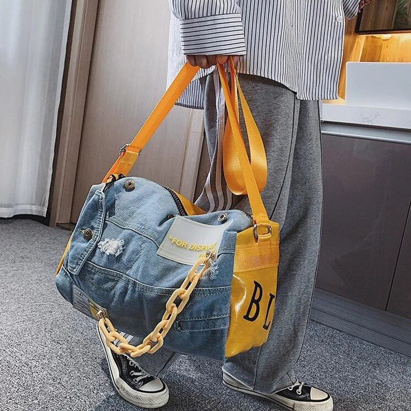 Oxford Denim Travel Bag Patchwork Gym Hand Luggage Duffle Weekend Bag