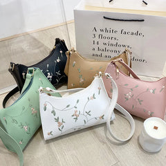 PU Ladies Leather Bag Women Embroidery Underarm Bag Retro Solid Handbags