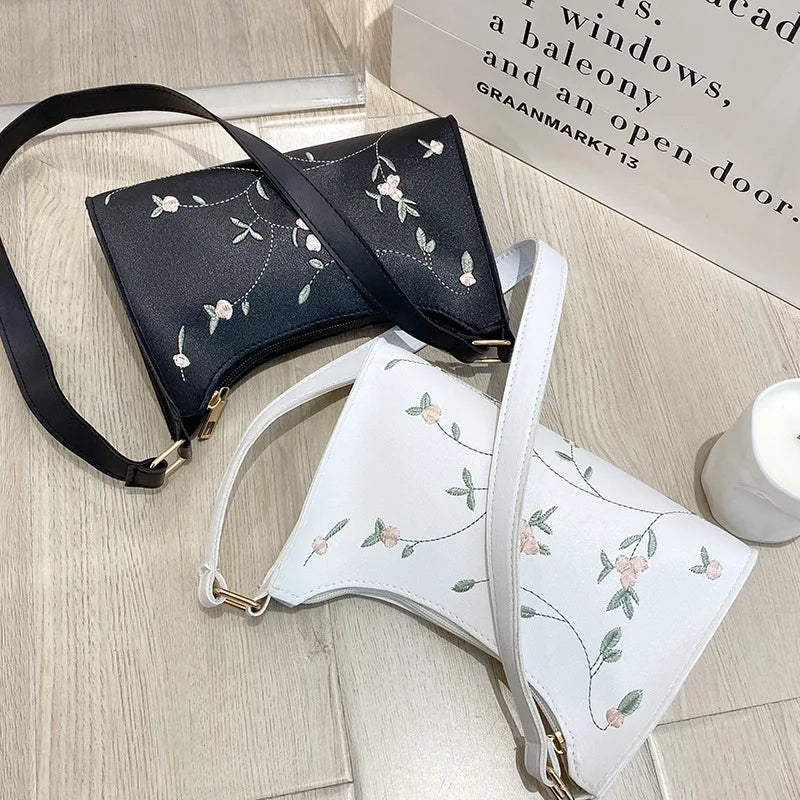 PU Ladies Leather Bag Women Embroidery Underarm Bag Retro Solid Handbags