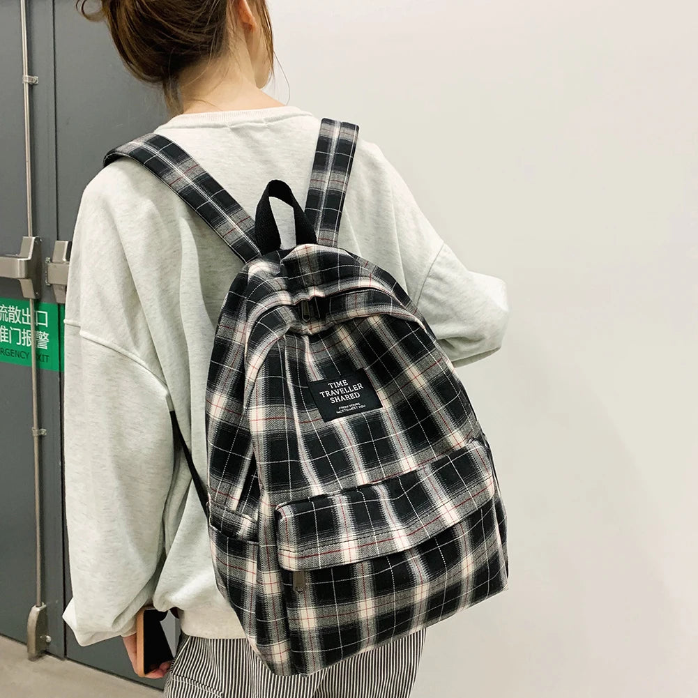 Plaid Canvas Women's Backpack College Student Backpack Teenage School Bags
