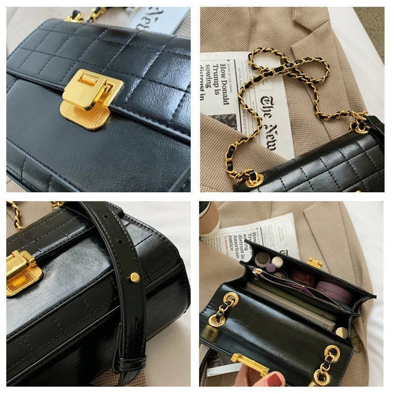 High-Plaid PU Crossbody Bag Chain Shoulder Flap Handbag