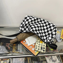 Plaid Shoulder Bag Retro Cylinder Sports Zipper Travel Satchel