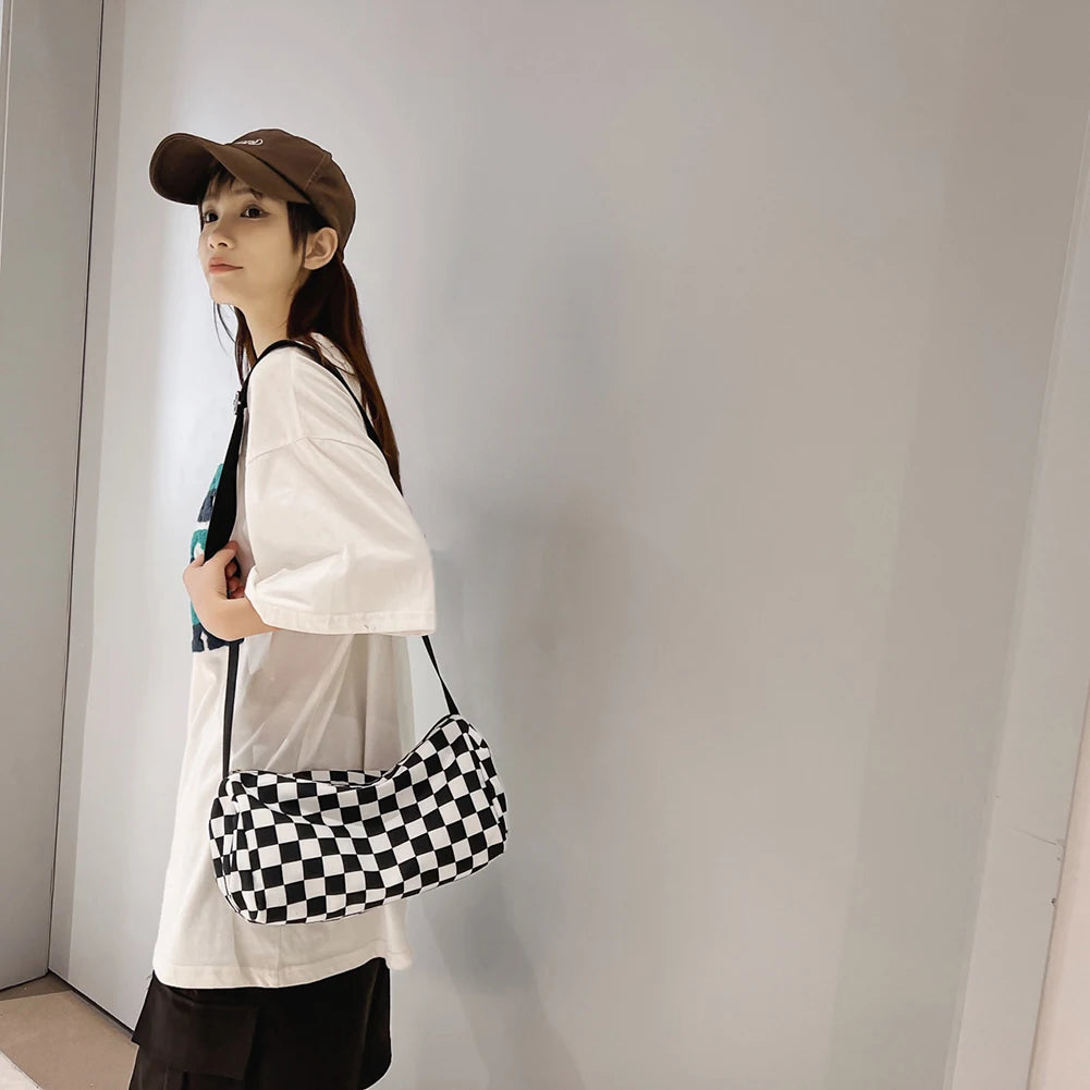 Plaid Shoulder Bag Retro Cylinder Sports Zipper Travel Satchel