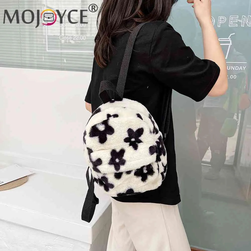 Flowers Printing Plush Backpack Casual Ladies Small Knapsack