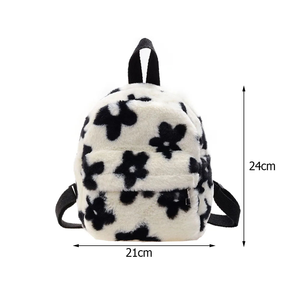 Flowers Printing Plush Backpack Casual Ladies Small Knapsack