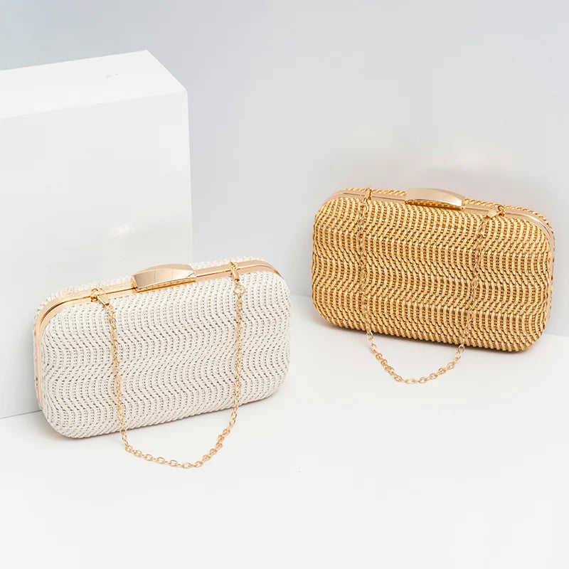 Hand-weave Clutches Handbags With Metal Chain Shoulder Crossbody Bags