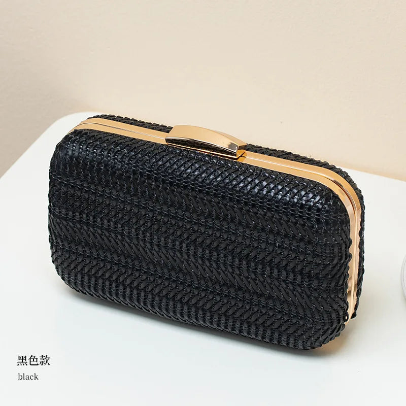 Hand-weave Clutches Handbags With Metal Chain Shoulder Crossbody Bags