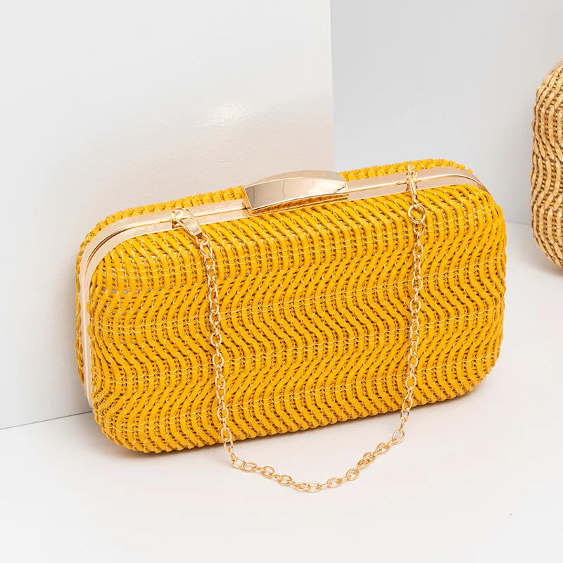 Hand-weave Clutches Handbags With Metal Chain Shoulder Crossbody Bags