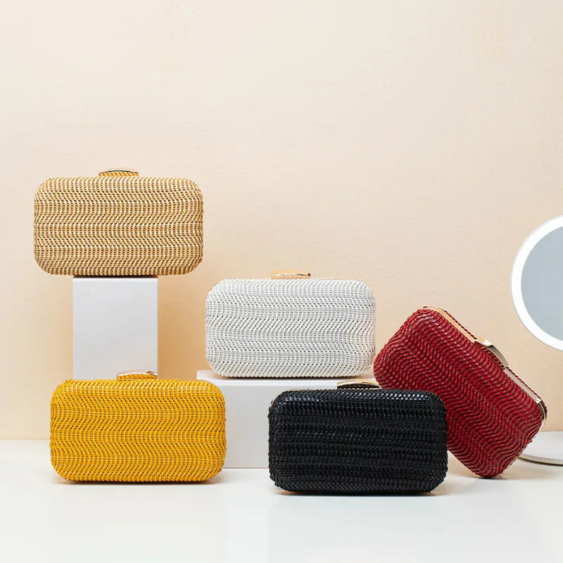 Hand-weave Clutches Handbags With Metal Chain Shoulder Crossbody Bags