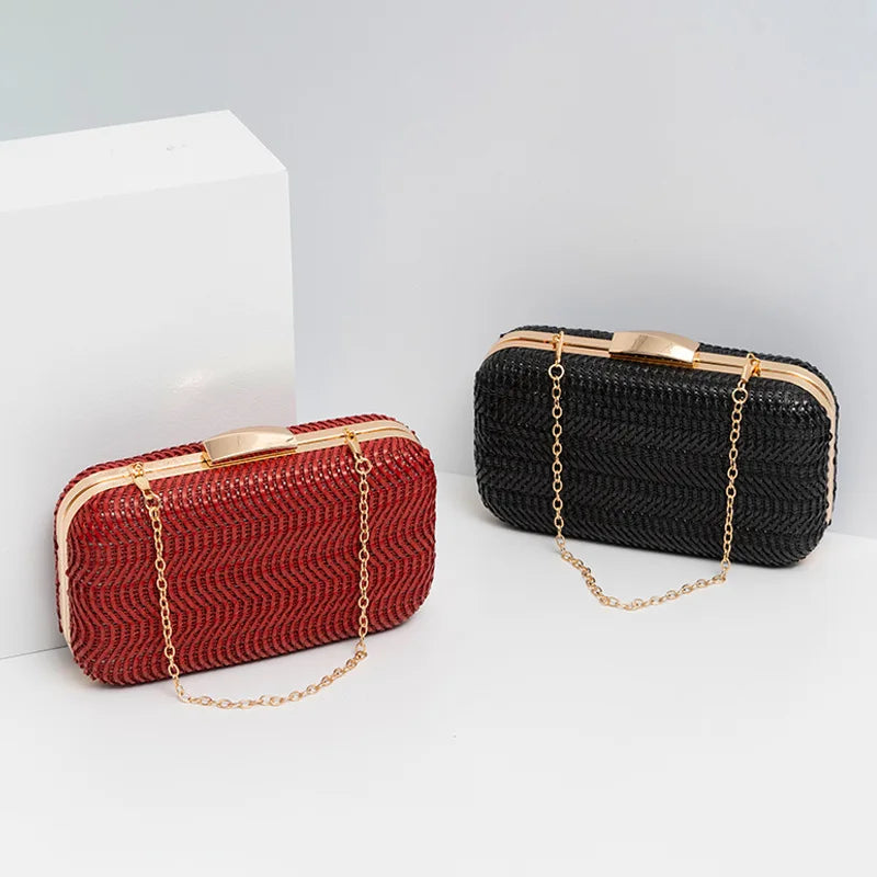 Hand-weave Clutches Handbags With Metal Chain Shoulder Crossbody Bags