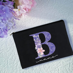 Purple Letters Cosmetic Bag Flower Print Makeup Personalized Names Storage Pouch