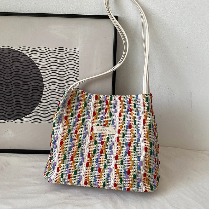 Rainbow Woven Shoulder Bag Women Large Capacity Texture Beach Bags