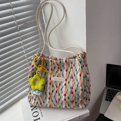 Rainbow Woven Shoulder Bag Women Large Capacity Texture Beach Bags
