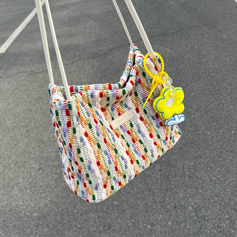 Rainbow Woven Shoulder Bag Women Large Capacity Texture Beach Bags
