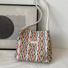 Rainbow Woven Shoulder Bag Women Large Capacity Texture Beach Bags