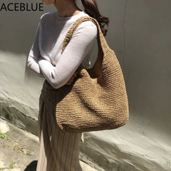 Rattan Women Shoulder Bags Woven Handbags Large Capacity Straw Bag