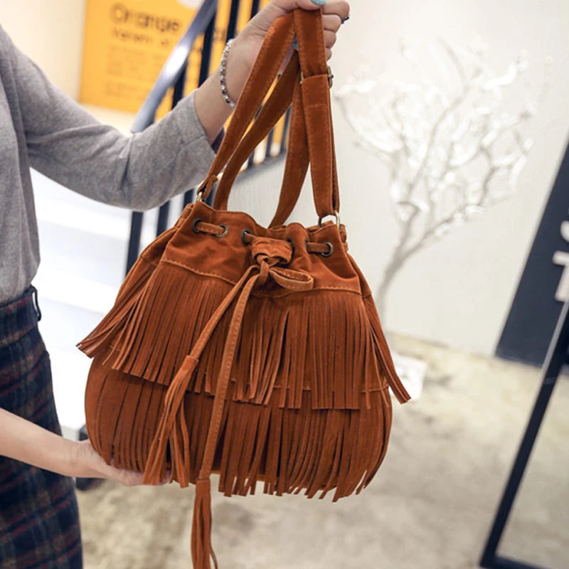 Faux Suede Fringe Women Messenger Bag Tote Handbag Tassel Shoulder Crossbody Bag