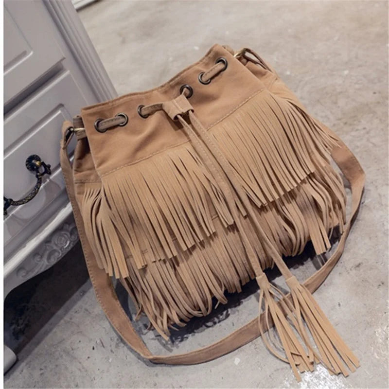 Faux Suede Fringe Women Messenger Bag Tote Handbag Tassel Shoulder Crossbody Bag