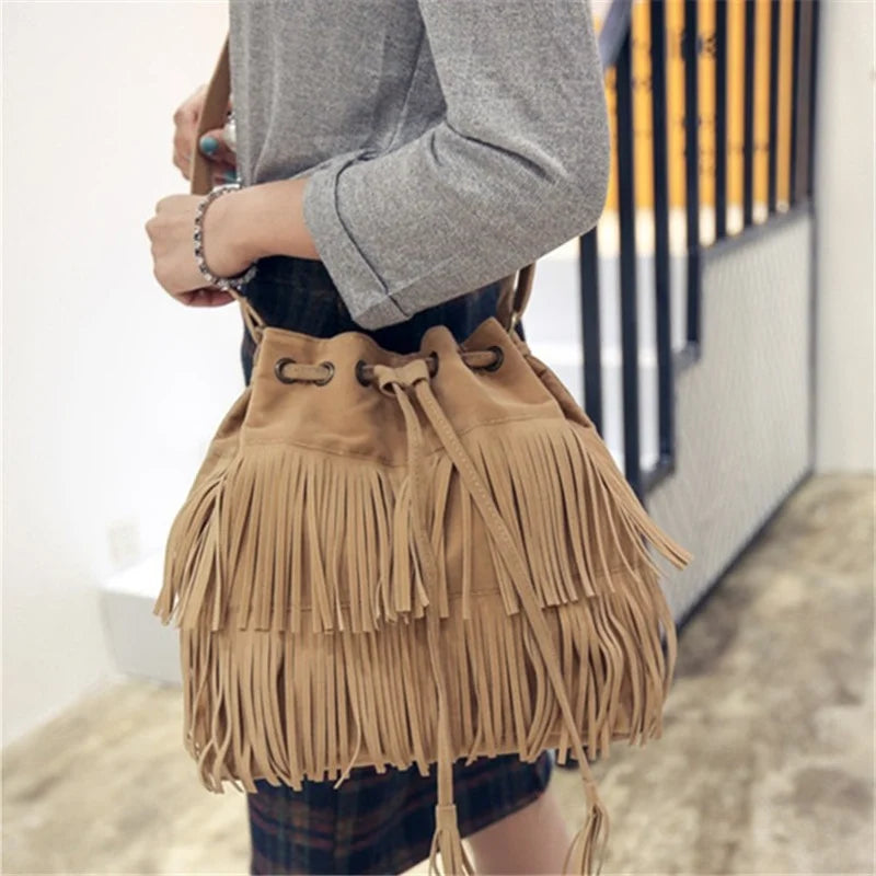 Faux Suede Fringe Women Messenger Bag Tote Handbag Tassel Shoulder Crossbody Bag